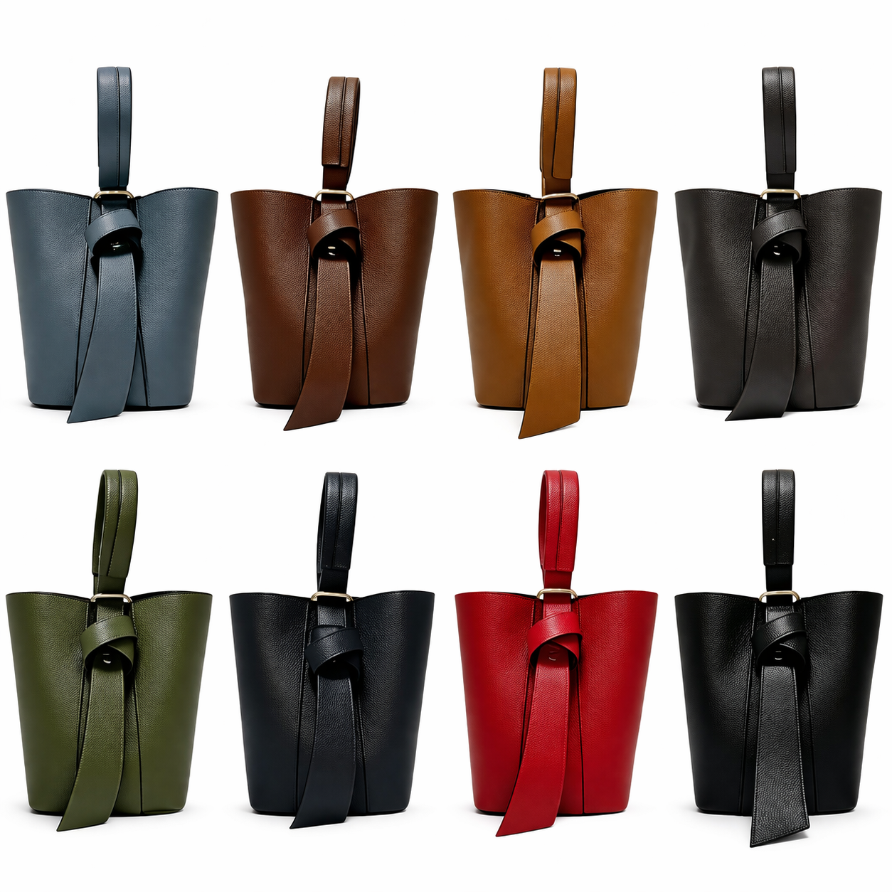Hammered genuine leather bucket bag and clutch set, practical and elegant for any occasion.
