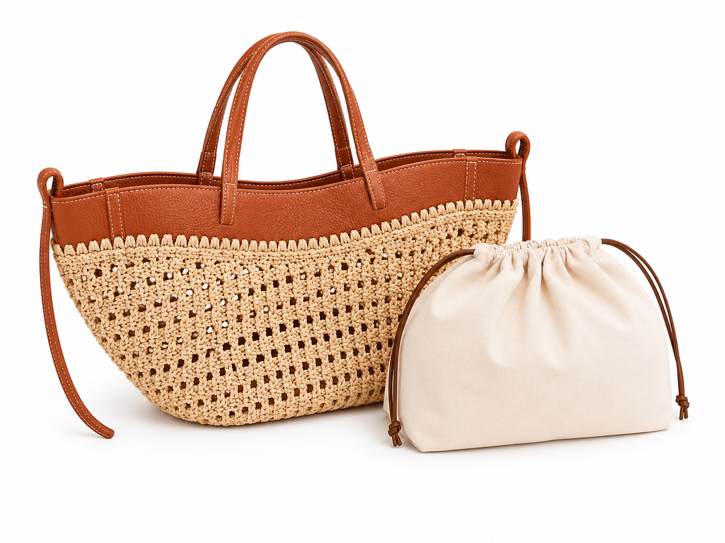 Borsa Mare in Vera Pelle e Raffia con Pochette Interna