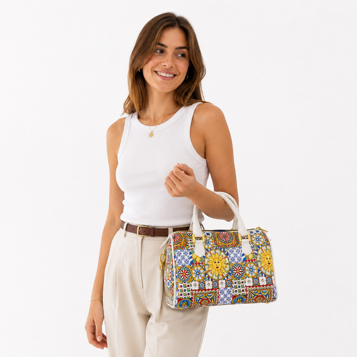 Set Bauletto Donna Vera Pelle e Tessuto Italiano con Cintura Abbinata Borsa a Mano con Tracolla Regolabile Made in Italy