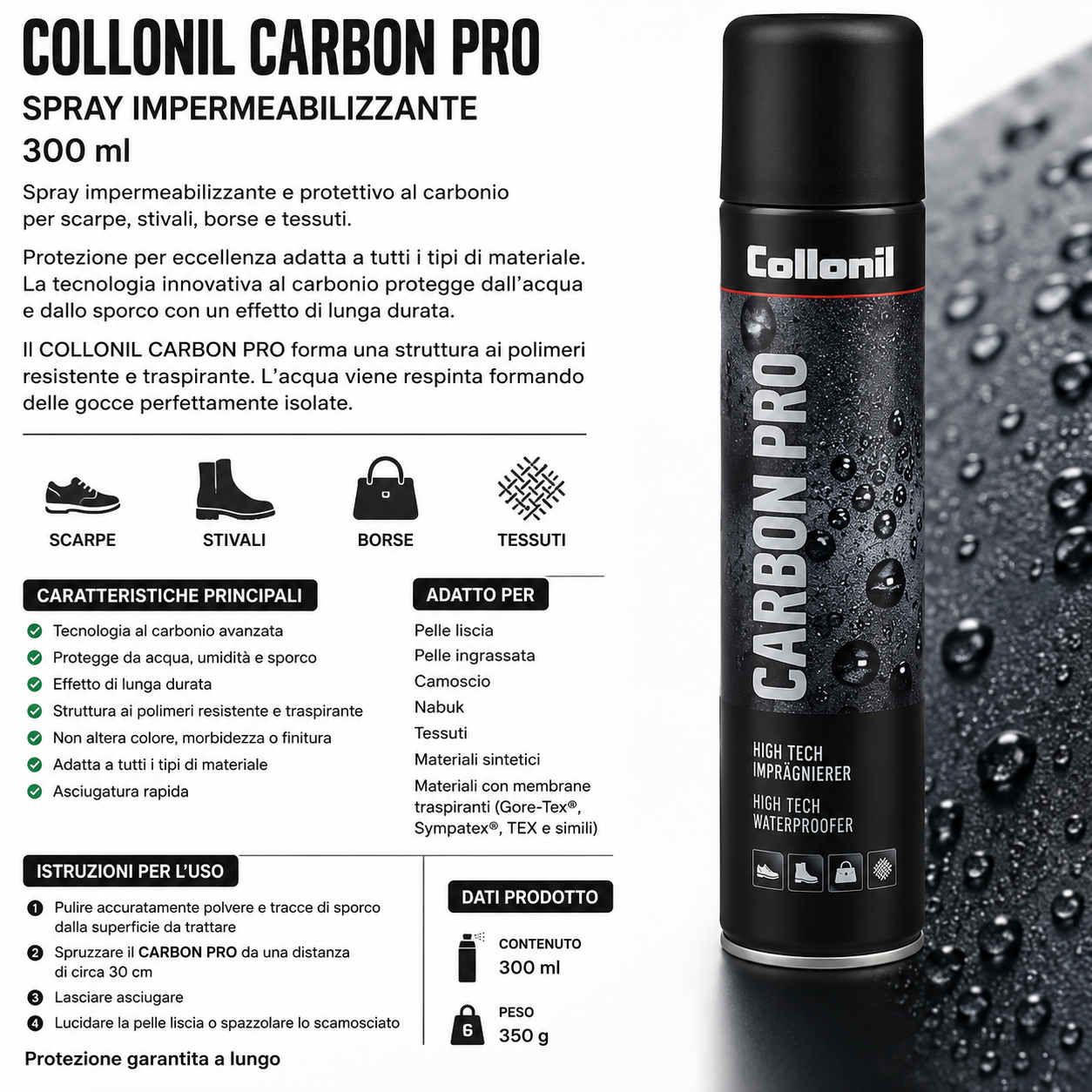 Collonil Carbon Pro Spray Impermeabilizzante 300 ml  Protezione Totale per Pelle Camoscio Nabuk Tessuti Scarpe Sneakers Borse e Abbigliamento con Tecnologia Fibra di Carbonio