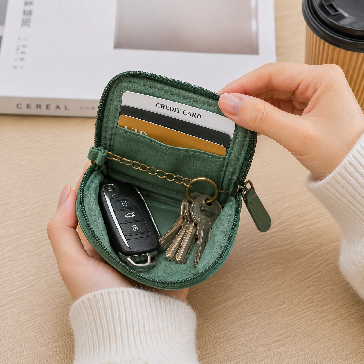 Portachiavi Portafoglio Vera Pelle Lavata con Zip Portamonete Porta Carte