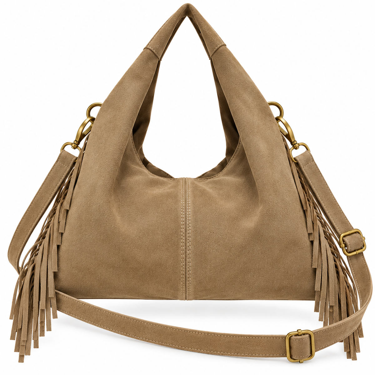 Borsa donna in camoscio con frange laterali, sfoderata, tracolla regolabile, made in Italy