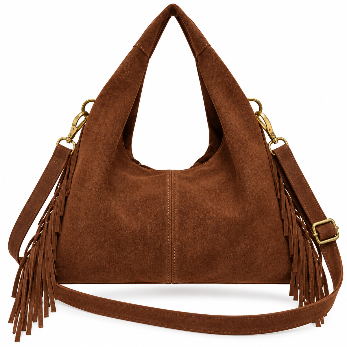 Borsa donna in camoscio con frange laterali, sfoderata, tracolla regolabile, made in Italy