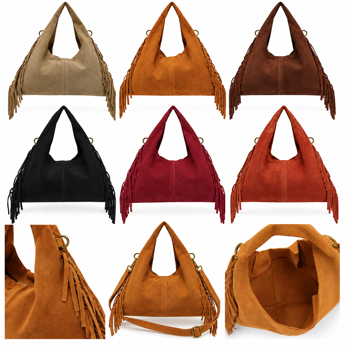 Borsa donna in camoscio con frange laterali, sfoderata, tracolla regolabile, made in Italy