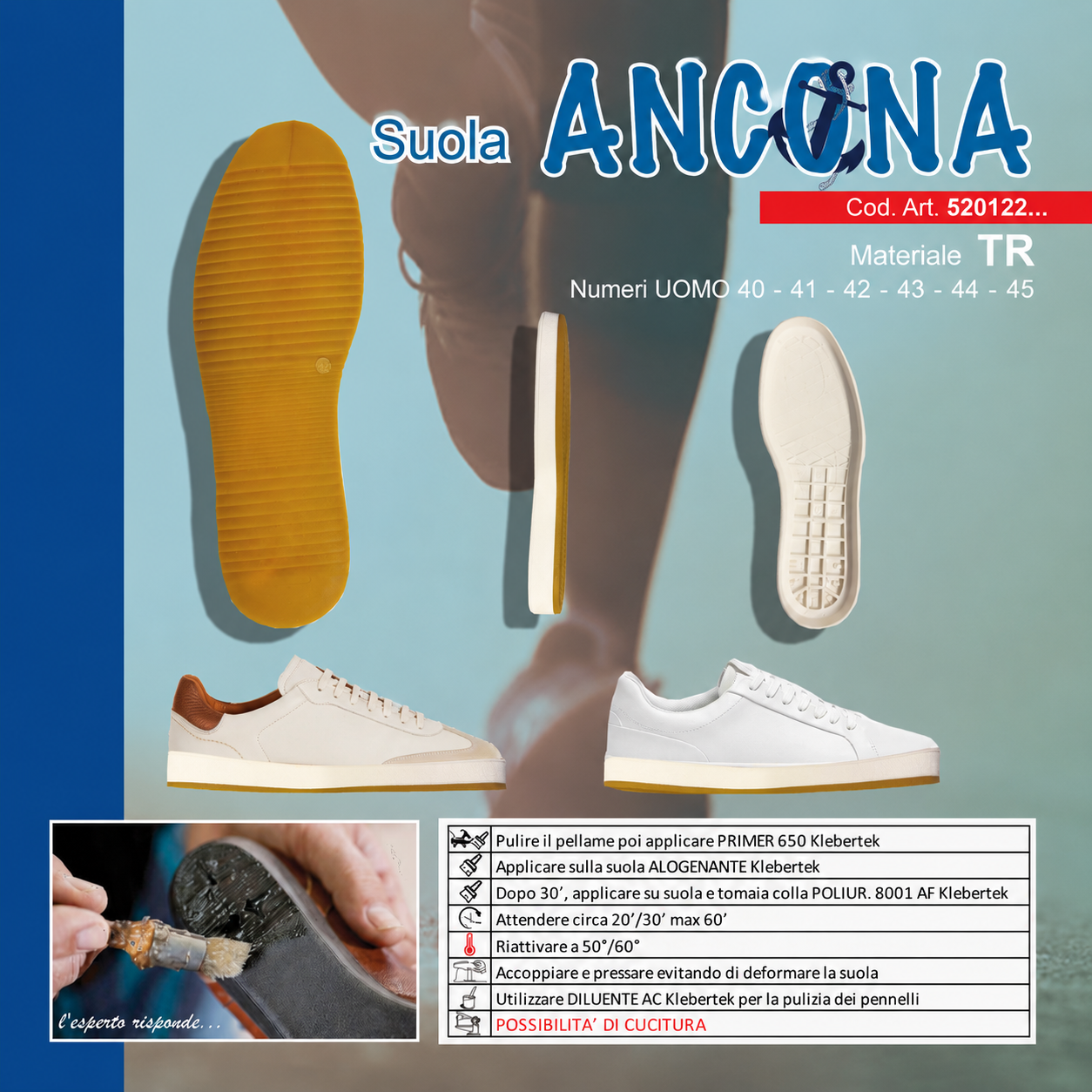 Suola Ancona in TR Bianca con Fondo Miele Suola Uomo per Sneakers e Scarpe Casual  Numeri 40-45