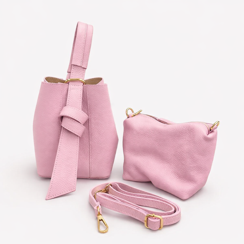 Set borsa secchiello + pochette in vera pelle martellata, pratico ed elegante per ogni occasione.