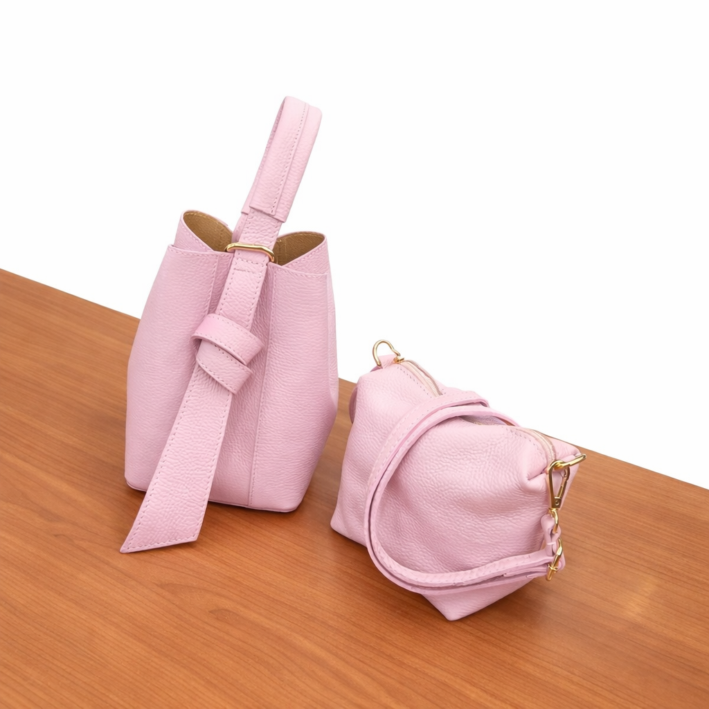 Set borsa secchiello + pochette in vera pelle martellata, pratico ed elegante per ogni occasione.