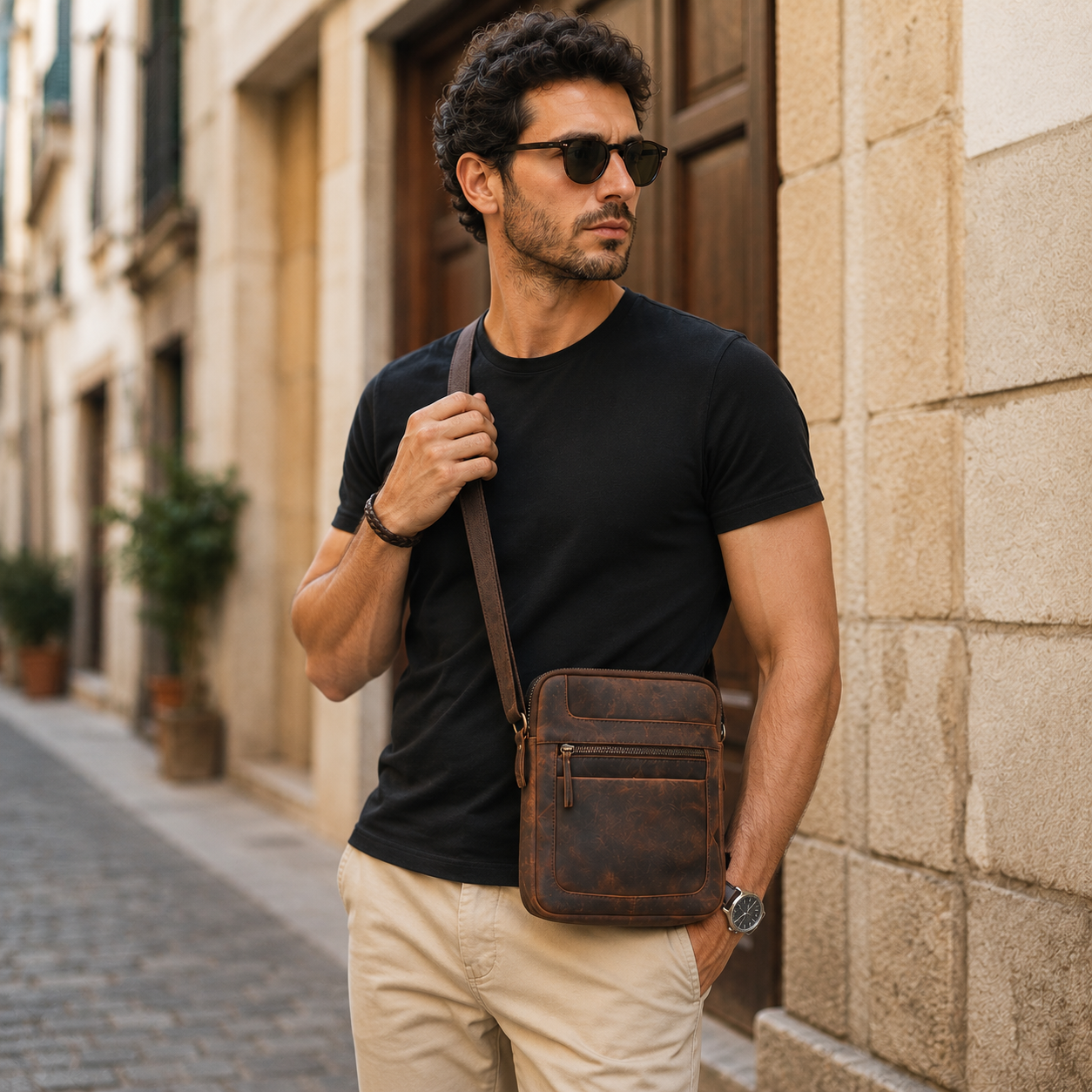Borsa Uomo Donna in Vera Pelle Ingrassata con Tracolla Regolabile Borsello a Tracolla Porta Cellulare Documenti e Portafoglio per Lavoro Viaggio e Tempo Libero