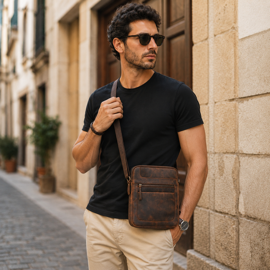 Borsa Uomo Donna in Vera Pelle Ingrassata con Tracolla Regolabile Borsello a Tracolla Porta Cellulare Documenti e Portafoglio per Lavoro Viaggio e Tempo Libero