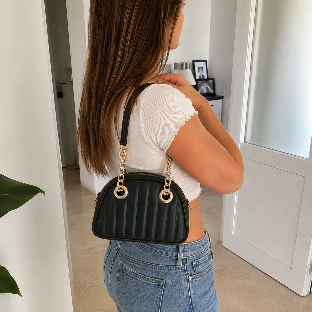 Borsa Donna Vera Pelle Made in Italy doppi Manici Tracolla Regolabile Rimovibile Catena color Oro