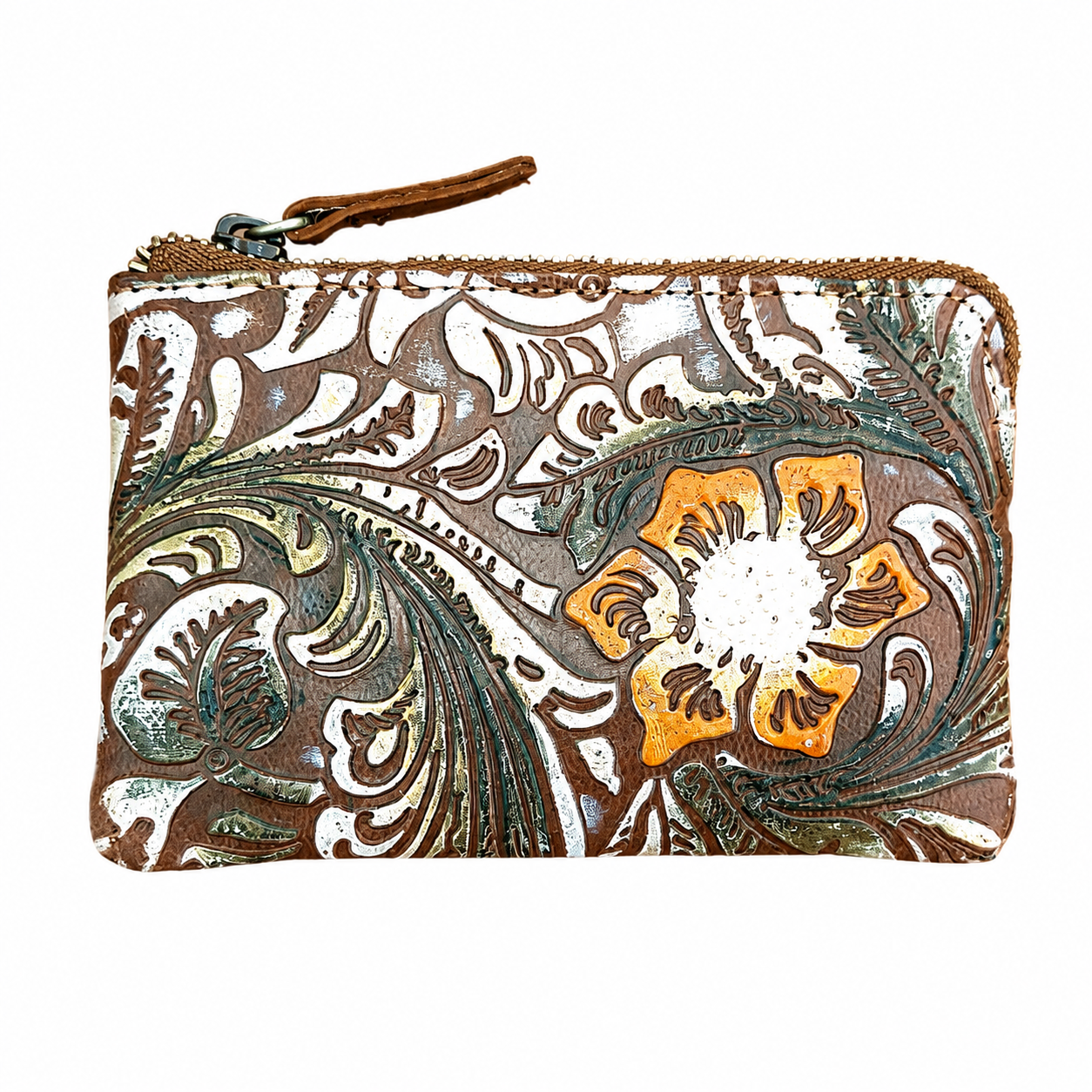 Portachiavi in Vera Pelle con Zip e Stampa Floreale – Portamonete e Custodia Chiavi 12x8 cm