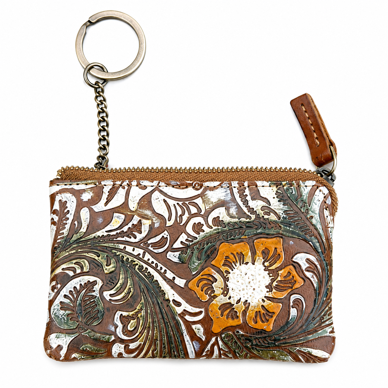 Portachiavi in Vera Pelle con Zip e Stampa Floreale – Portamonete e Custodia Chiavi 12x8 cm