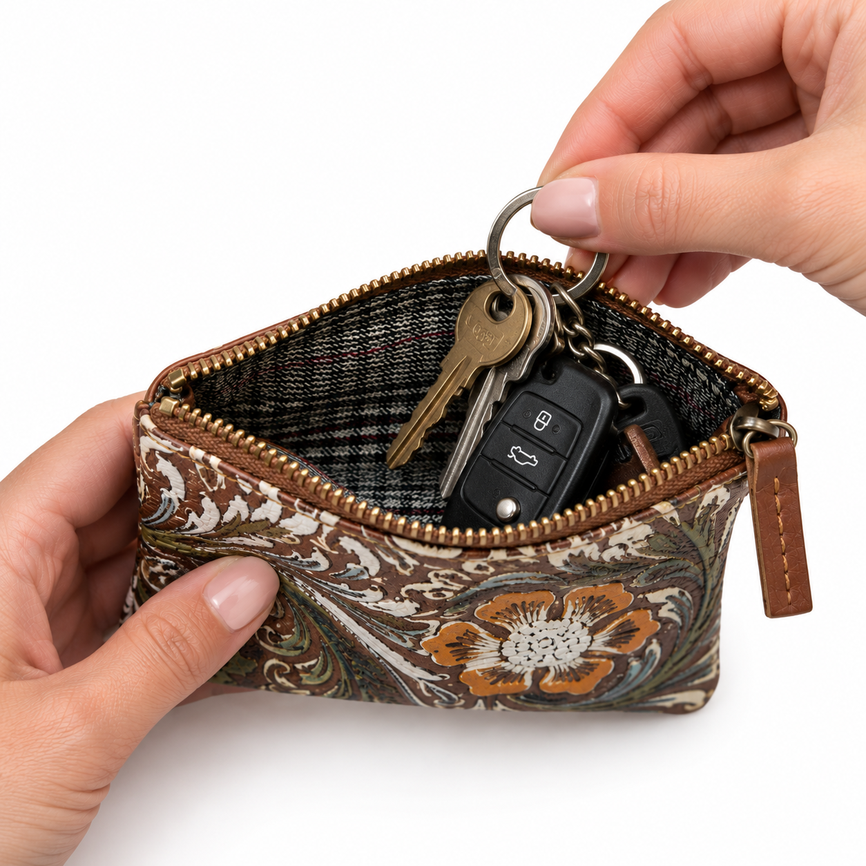 Portachiavi in Vera Pelle con Zip e Stampa Floreale – Portamonete e Custodia Chiavi 12x8 cm