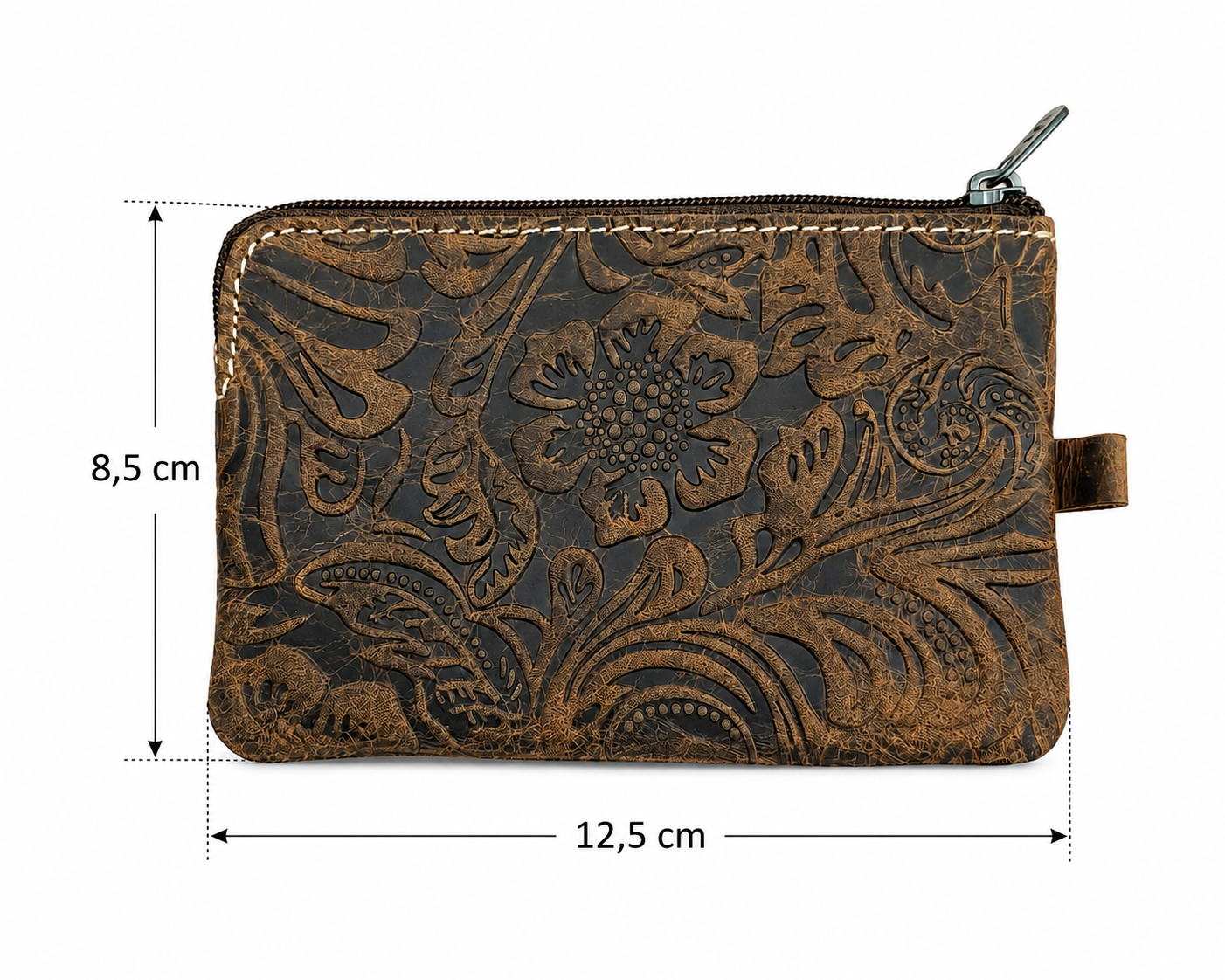 Portachiavi Portafoglio Vera Pelle stampa Floreale con Zip e Tasca Portamonete