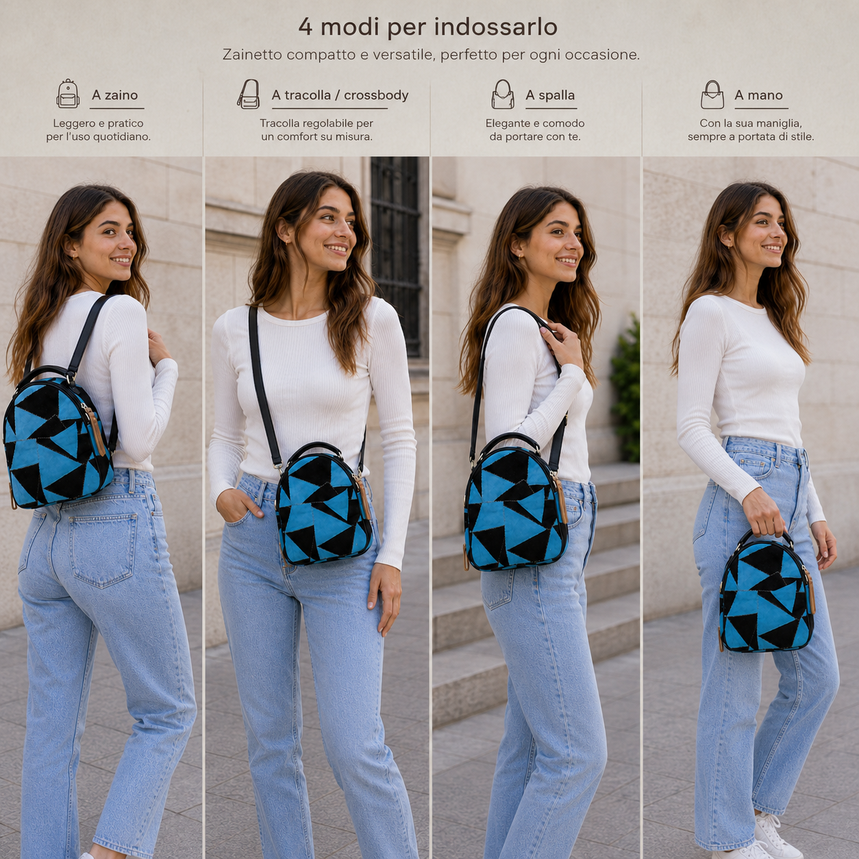 Zaino Donna in Vera Pelle Artigianale, Borsa a Tracolla Regolabile e Rimovibile, Borsello Made in Italy