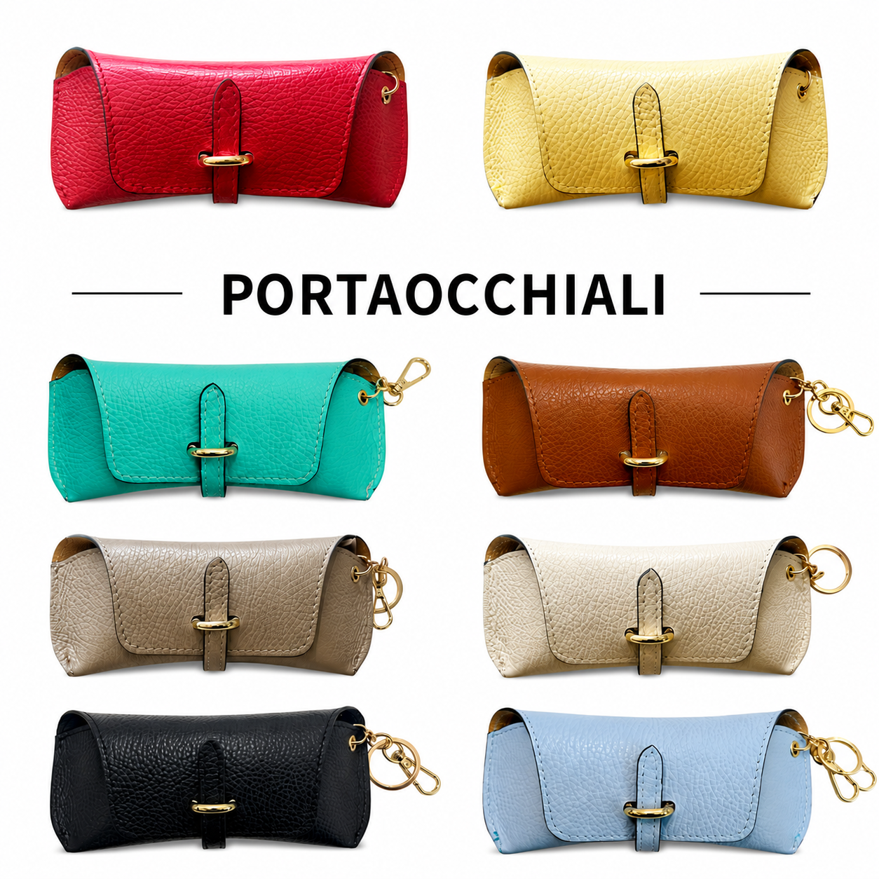 Portaocchiali in Vera Pelle con Portachiavi e Moschettone Charm per Borsa