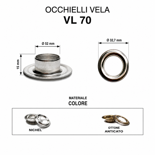 Occhielli vela VL70 Ø 29,7mm alluminio ferro ottone acciaio inox nautica
