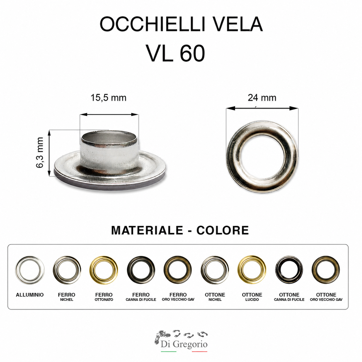 Occhielli Vela VL60 Ø 24 mm in Alluminio Ferro o Ottone con Rondelle Occhielli per Teloni e Pelletteria