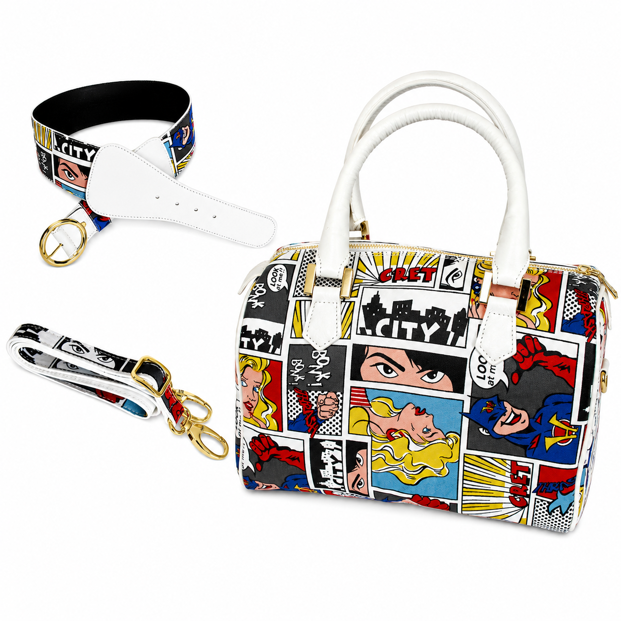 Set Bauletto Donna Vera Pelle e Tessuto Italiano con Cintura Abbinata Borsa a Mano con Tracolla Regolabile Made in Italy