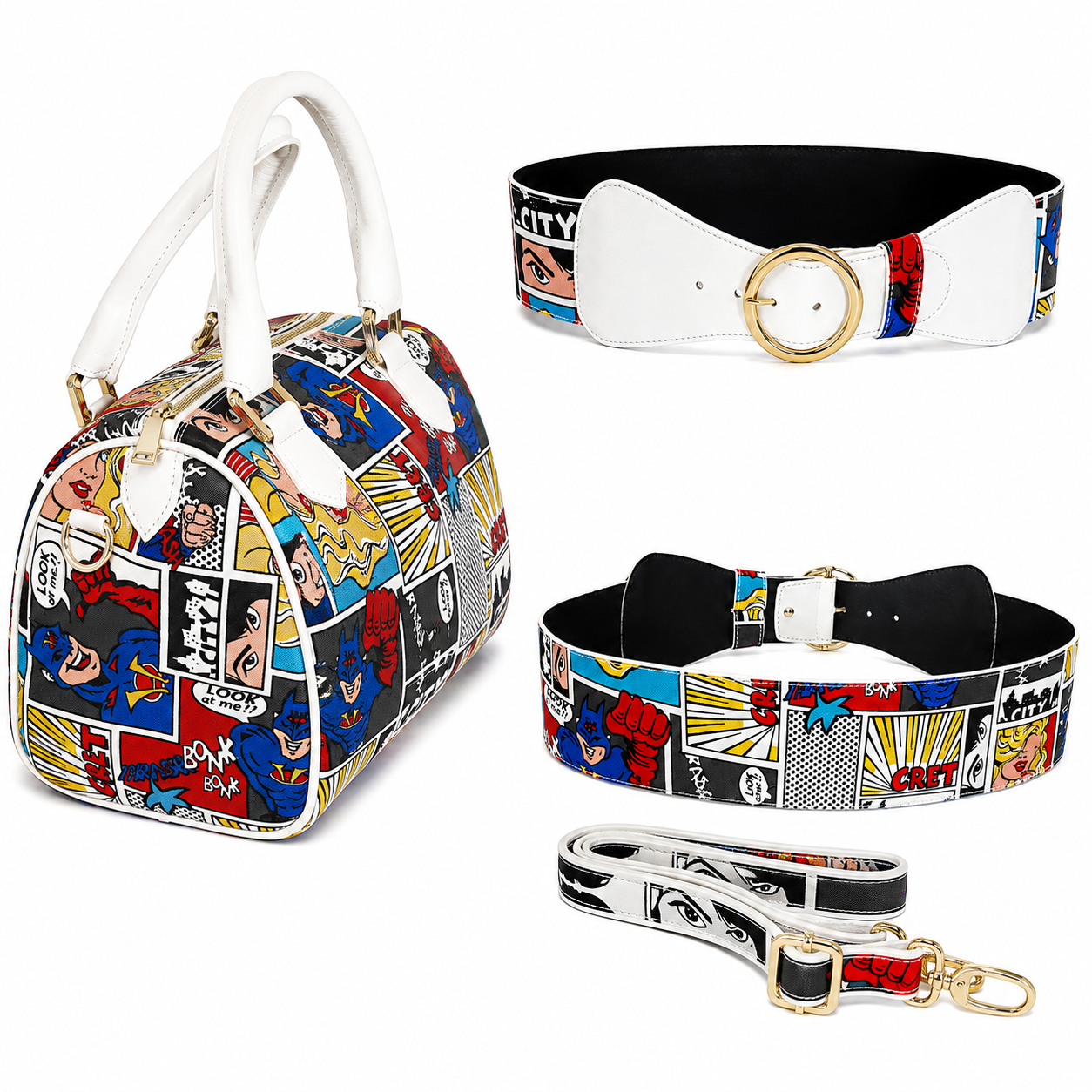 Set Bauletto Donna Vera Pelle e Tessuto Italiano con Cintura Abbinata Borsa a Mano con Tracolla Regolabile Made in Italy