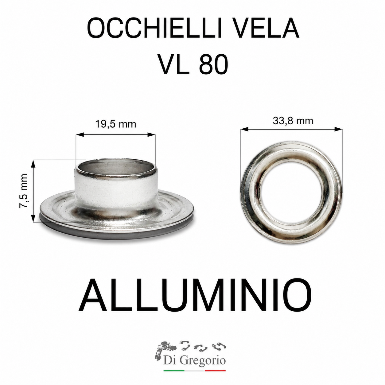 Occhielli vela VL80 Ø 33,8mm alluminio ferro ottone 100pz + ranelle