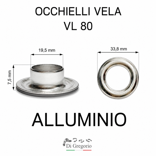 Occhielli vela VL80 Ø 33,8mm alluminio ferro ottone 100pz + ranelle