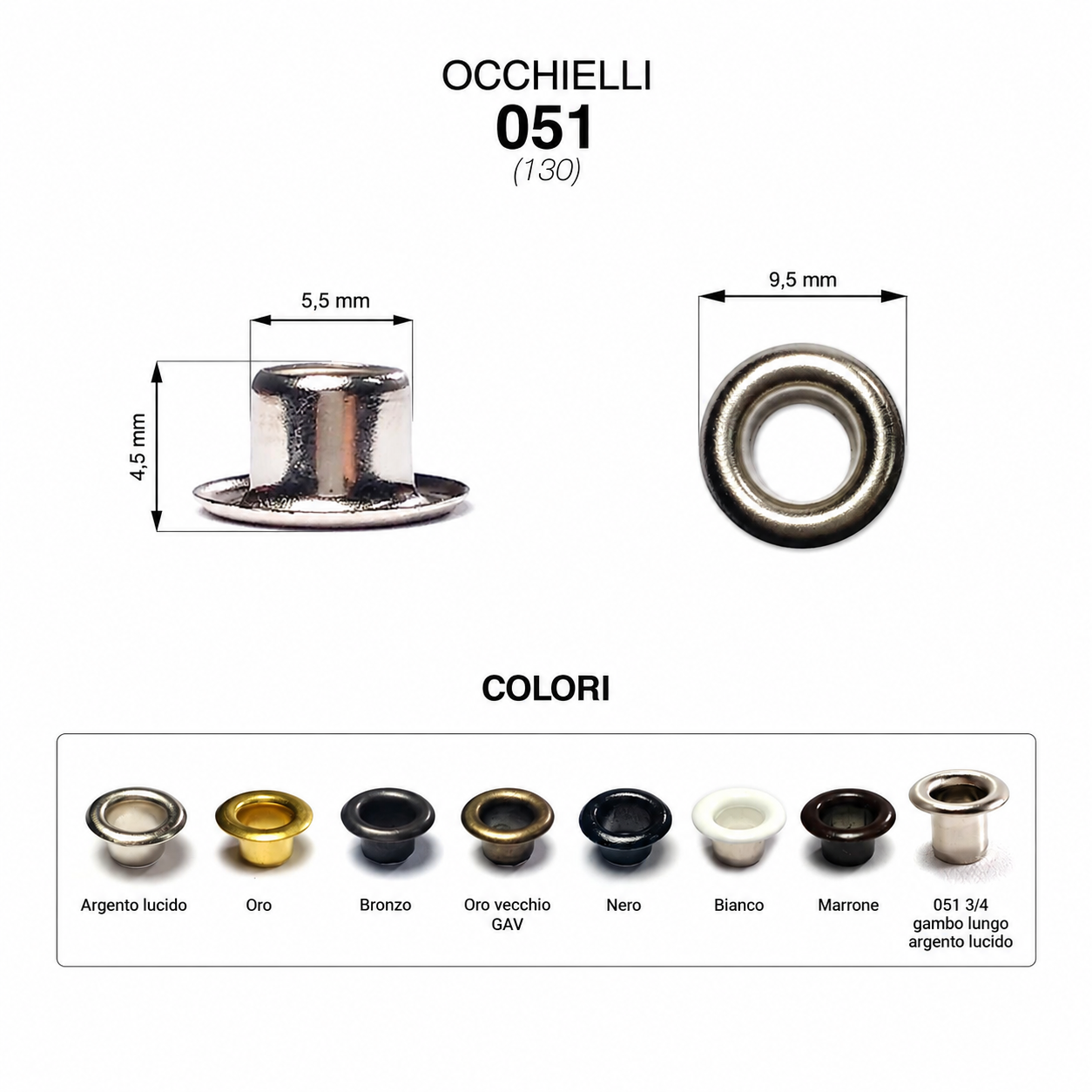 Occhielli 051 foro Ø 5,5mm Ferro/Ottone 100 pz per borse scarpe stoffa cuoio