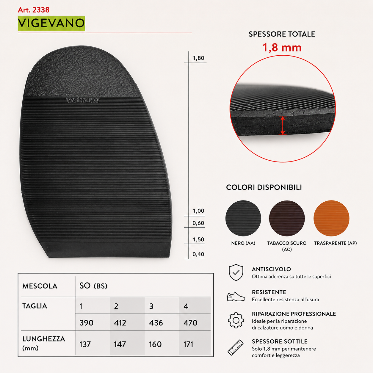 Mezza suola in gomma Vibram Vigevano 2338 mm.1,8 antiscivolo riparazione scarpe