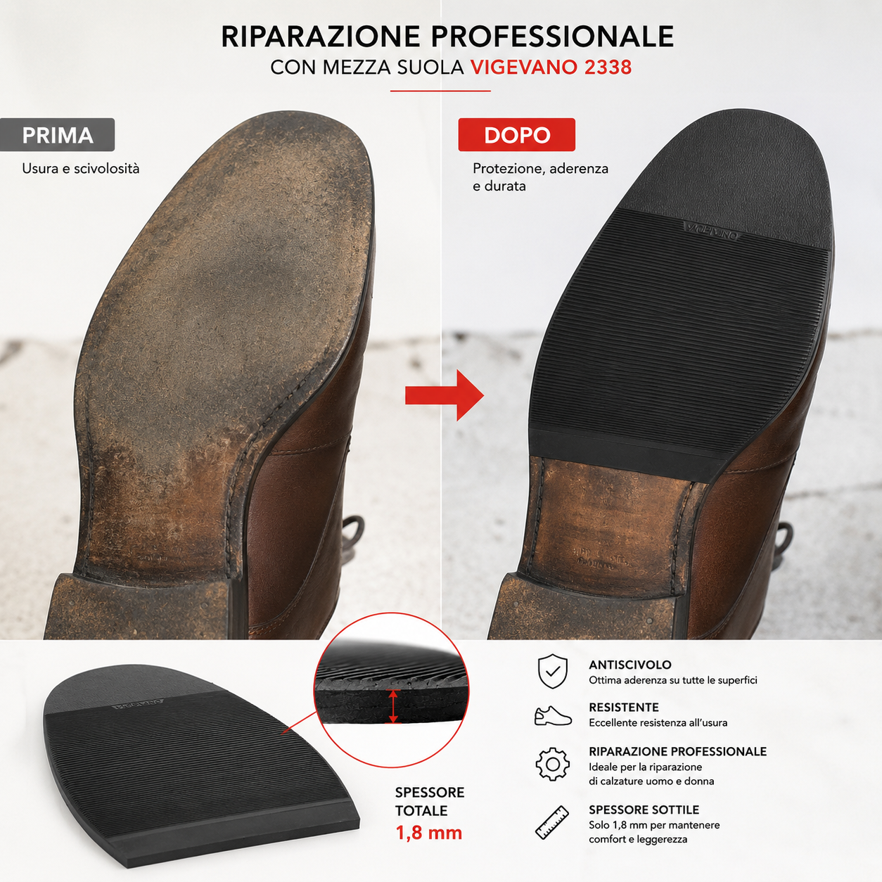 Mezza suola in gomma Vibram Vigevano 2338 mm.1,8 antiscivolo riparazione scarpe