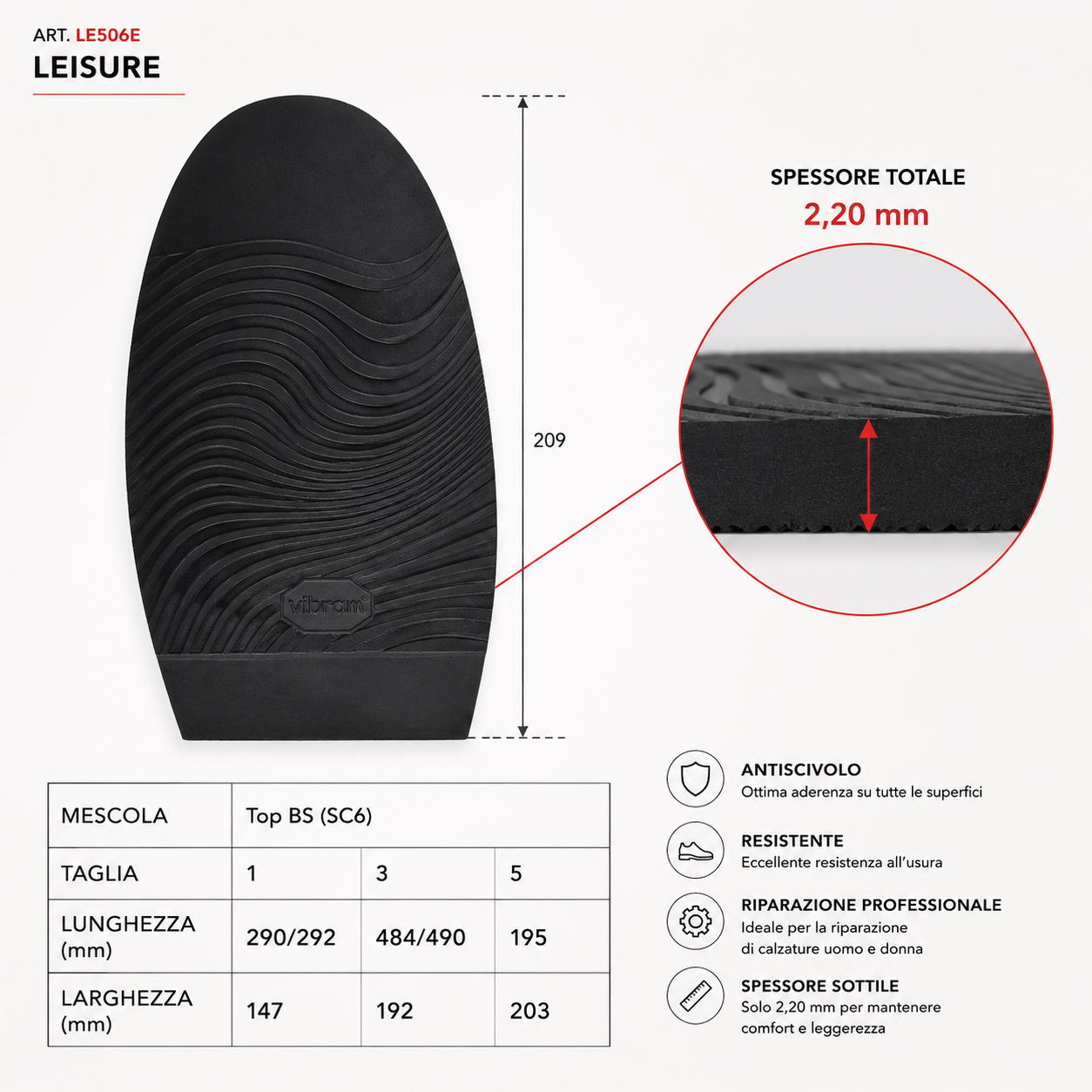Mezza suola mm.2 cardata gomma Vibram Leisure 2346 riparazione creazione scarpe