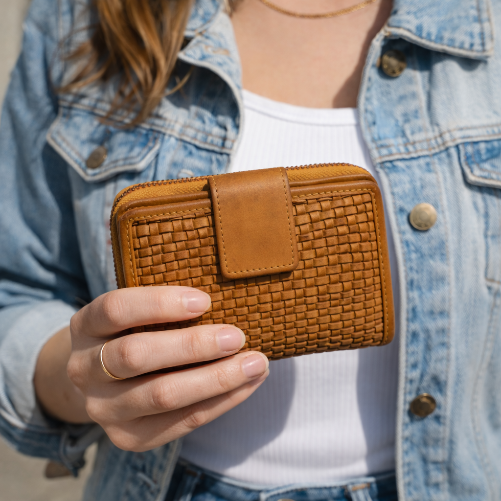 Portafoglio Donna in Vera Pelle – Compatto con Portamonete Esterno e Porta Carte