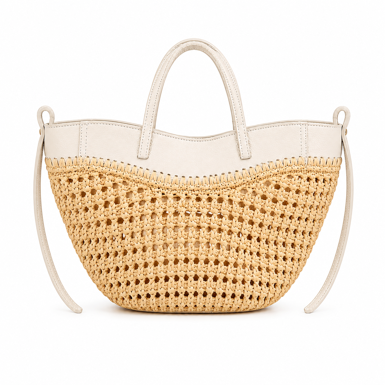 Genuine Leather and Raffia Beach Bag with Internal Pouch