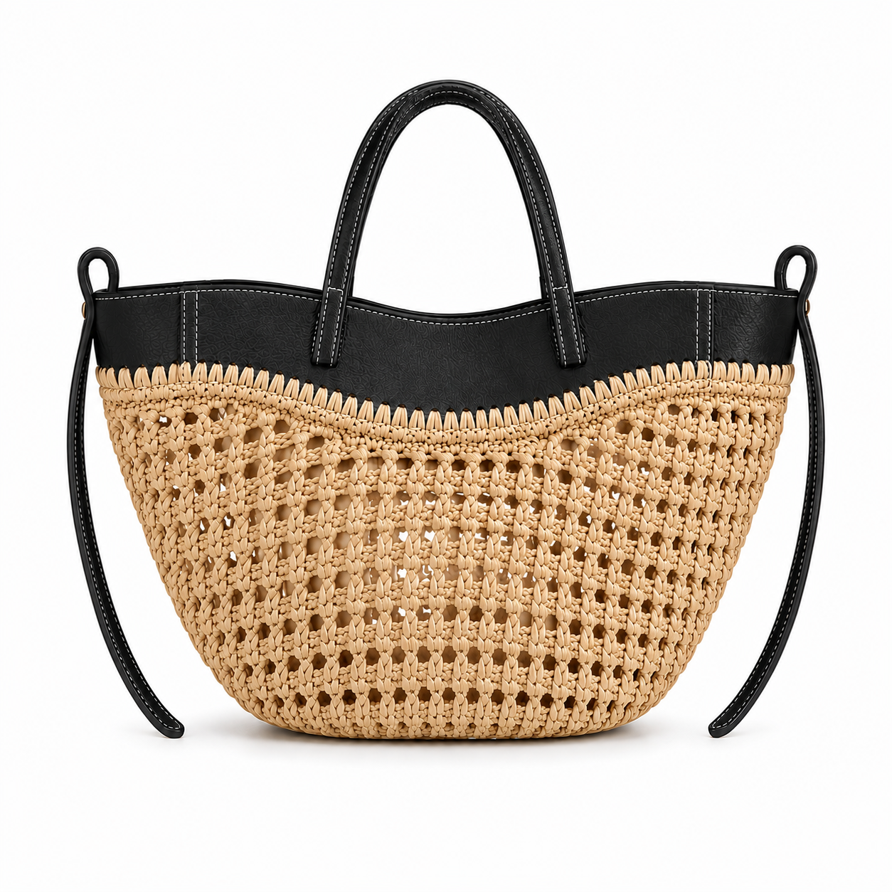Genuine Leather and Raffia Beach Bag with Internal Pouch