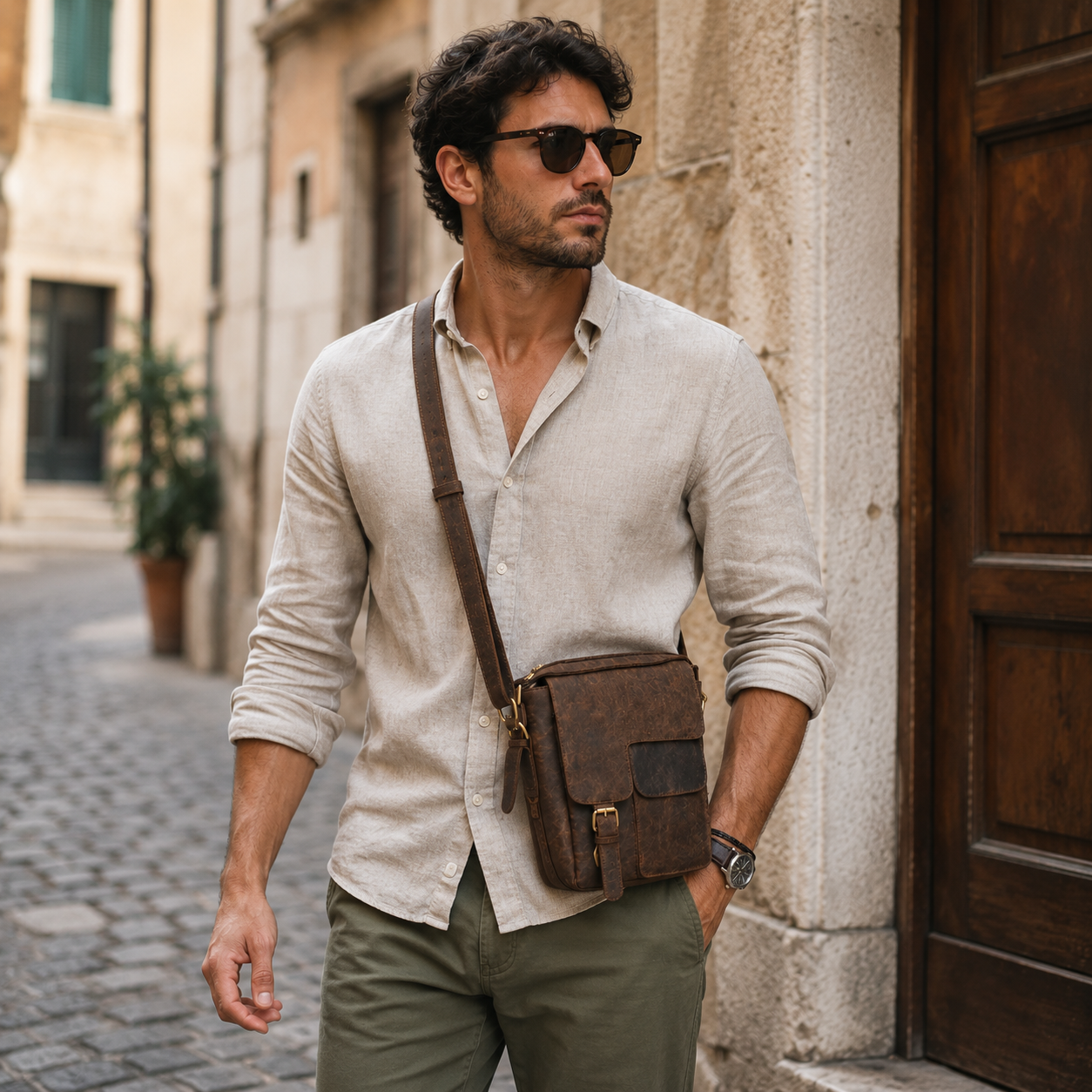 Borsello Uomo in Vera Pelle Ingrassata con Tracolla Regolabile Borsa a Tracolla Porta Cellulare Porta Smartphone Documenti e Portafoglio per Lavoro e Viaggio