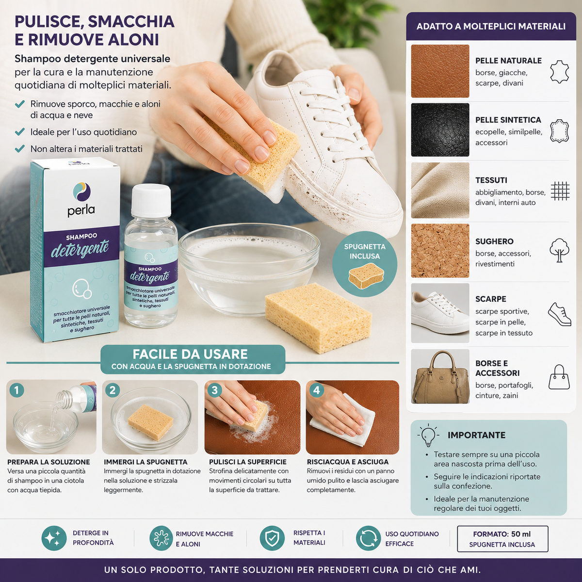 Stain Remover Shampoo Cleaner for Leather, Fabrics, and Cork 50 ml / 1 LT