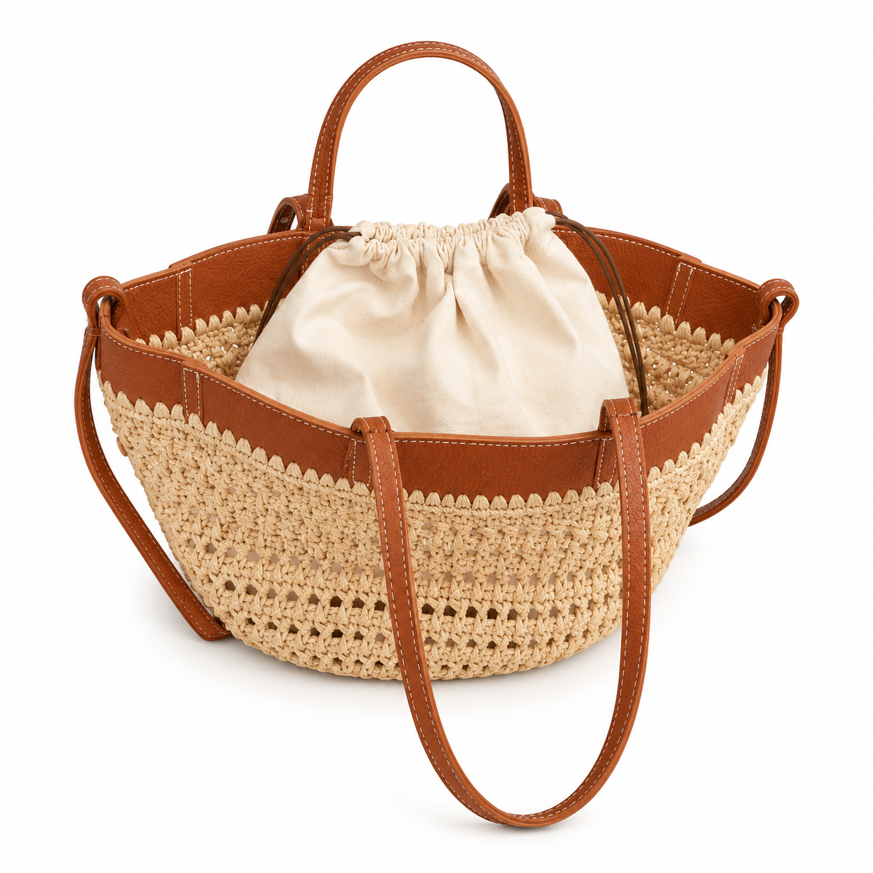 Borsa Mare in Vera Pelle e Raffia con Pochette Interna