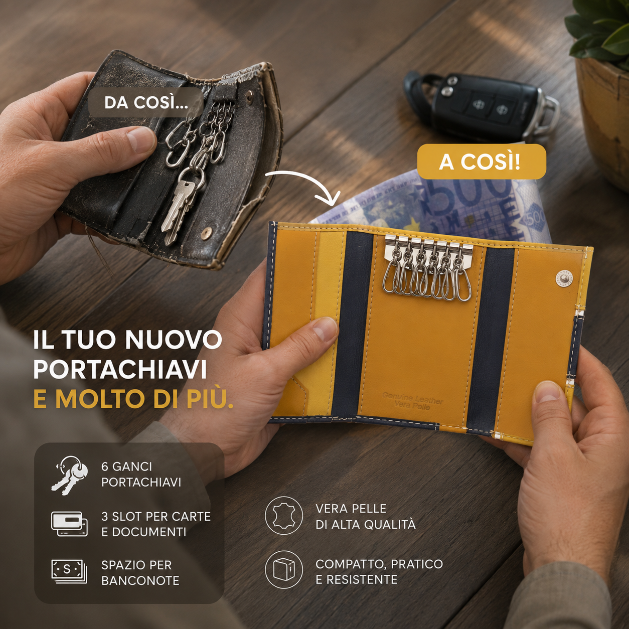 Portachiavi Portafoglio a Libro in Vera Pelle con 6 Ganci
