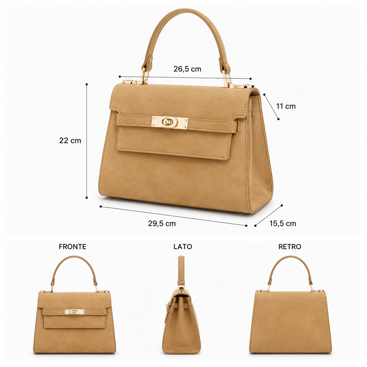 Borsa Donna Elegante a Mano con Tracolla Pelle Chiusura dorata Made in Italy