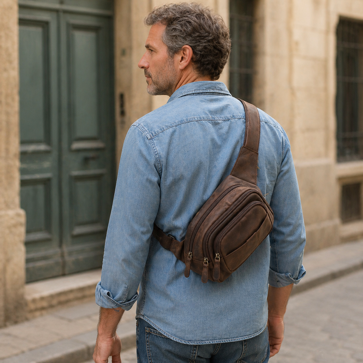 Marsupio in pelle ingrassata unisex | Tracolla regolabile | Borsa monospalla casual