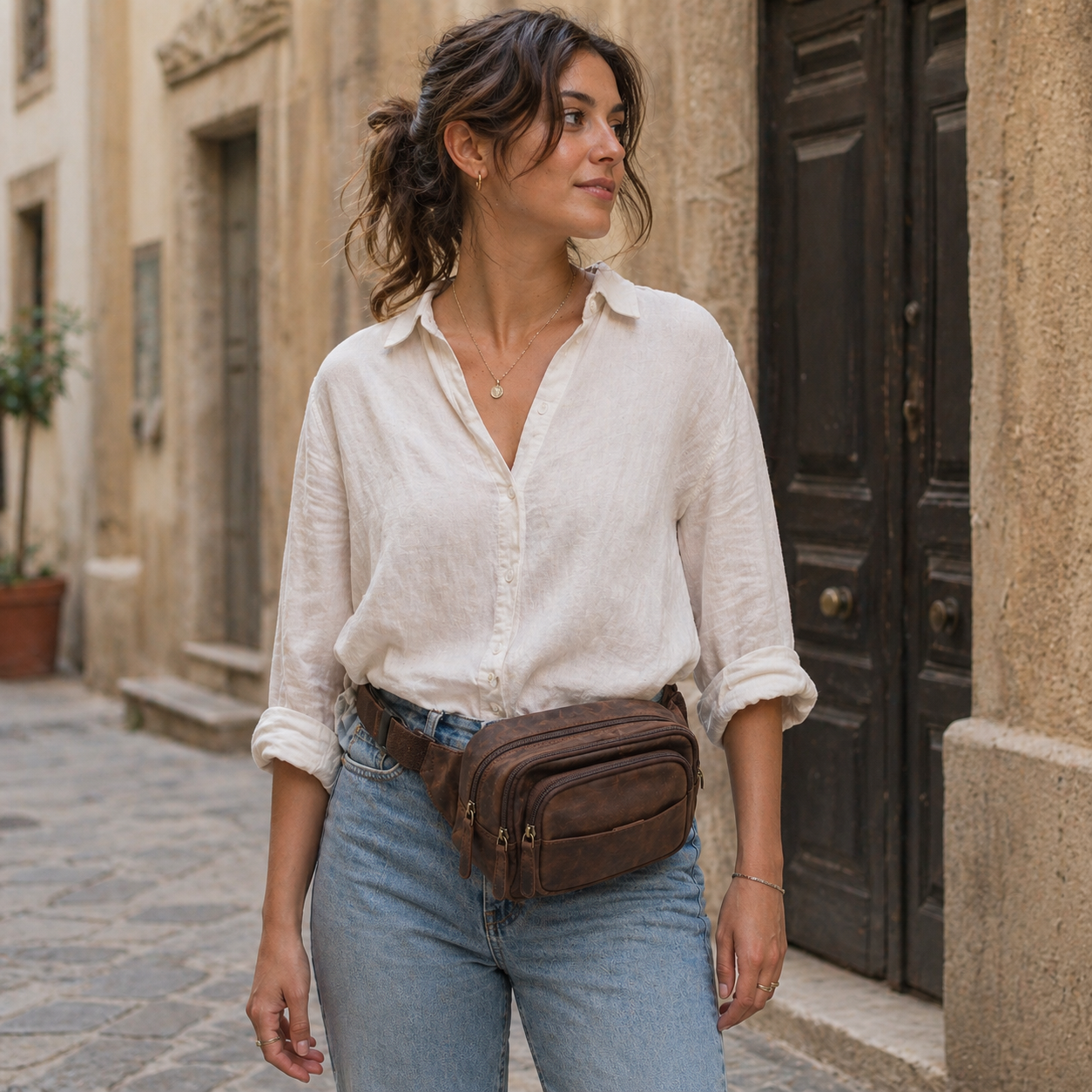 Marsupio in pelle ingrassata unisex | Tracolla regolabile | Borsa monospalla casual