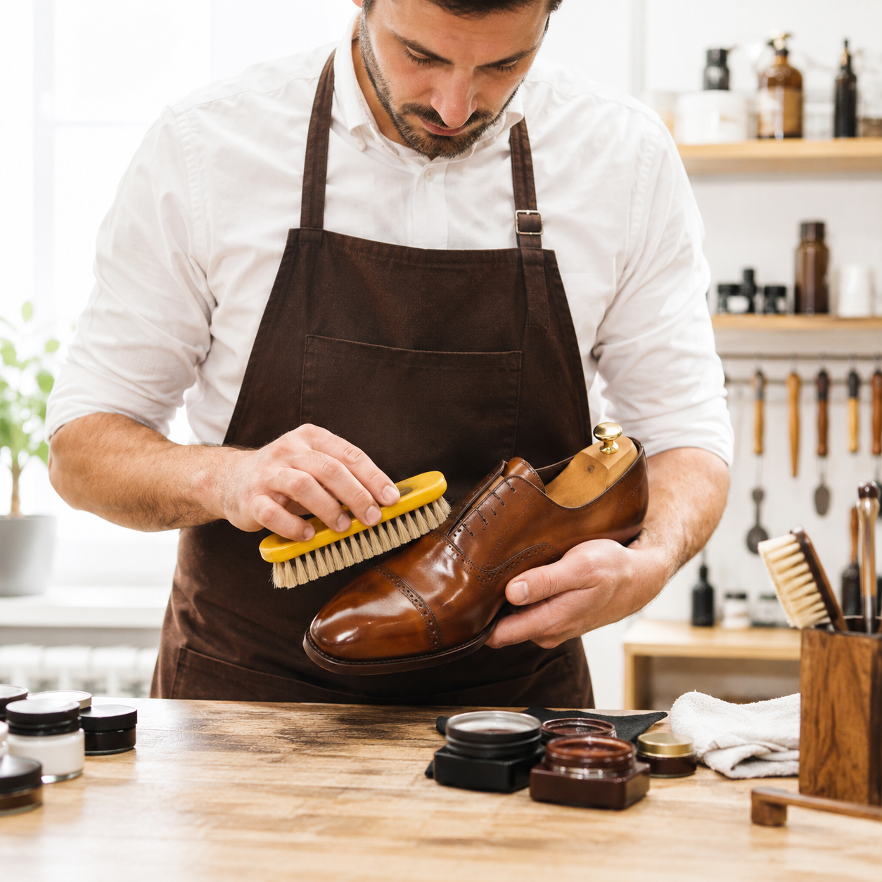 Spazzola con Setole Naturali di Maiale per Pulizia Scarpe, Pelle e Cuoio