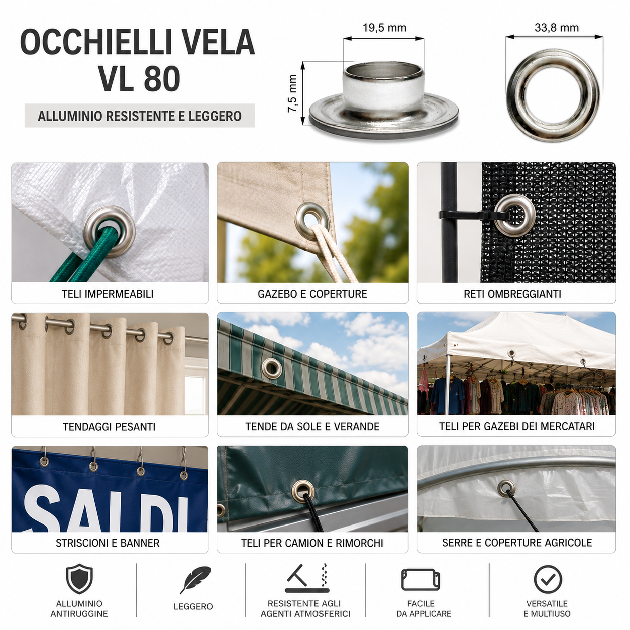 Ojales de vela VL80 Ø 33,8mm aluminio hierro latón 100pz + arandelas