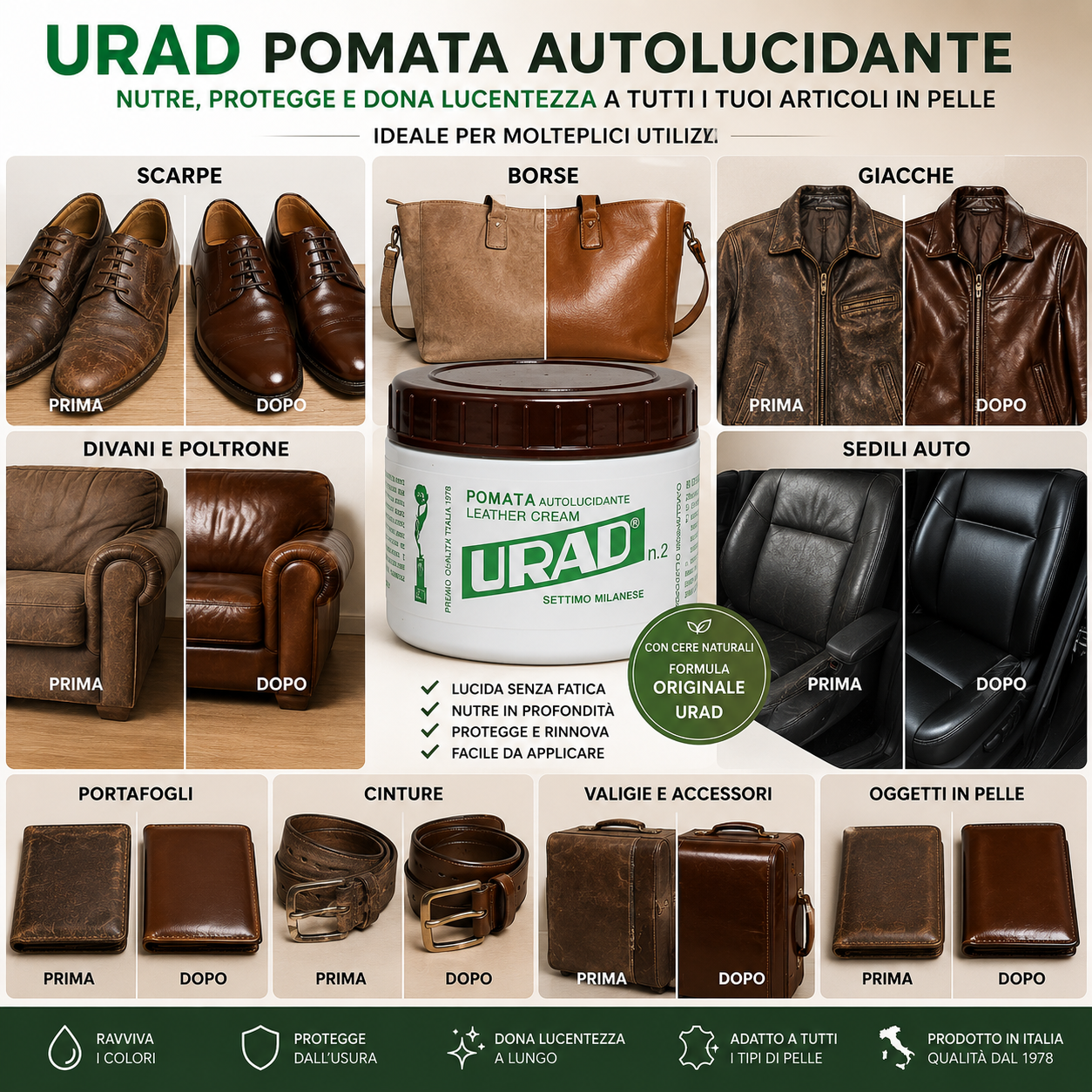 Urad Self-Shining Cream 200 ml for Shoes, Leather, Sofas, Bags and Car Interiors