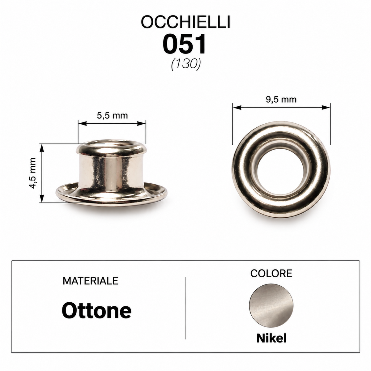 Occhielli 051 foro Ø 5,5mm Ferro/Ottone 100 pz per borse scarpe stoffa cuoio