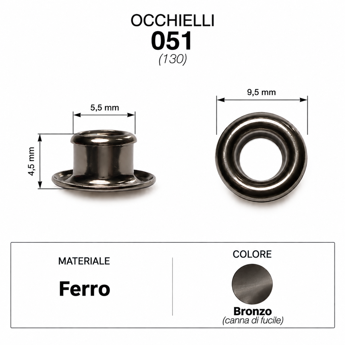 Occhielli 051 foro Ø 5,5mm Ferro/Ottone 100 pz per borse scarpe stoffa cuoio