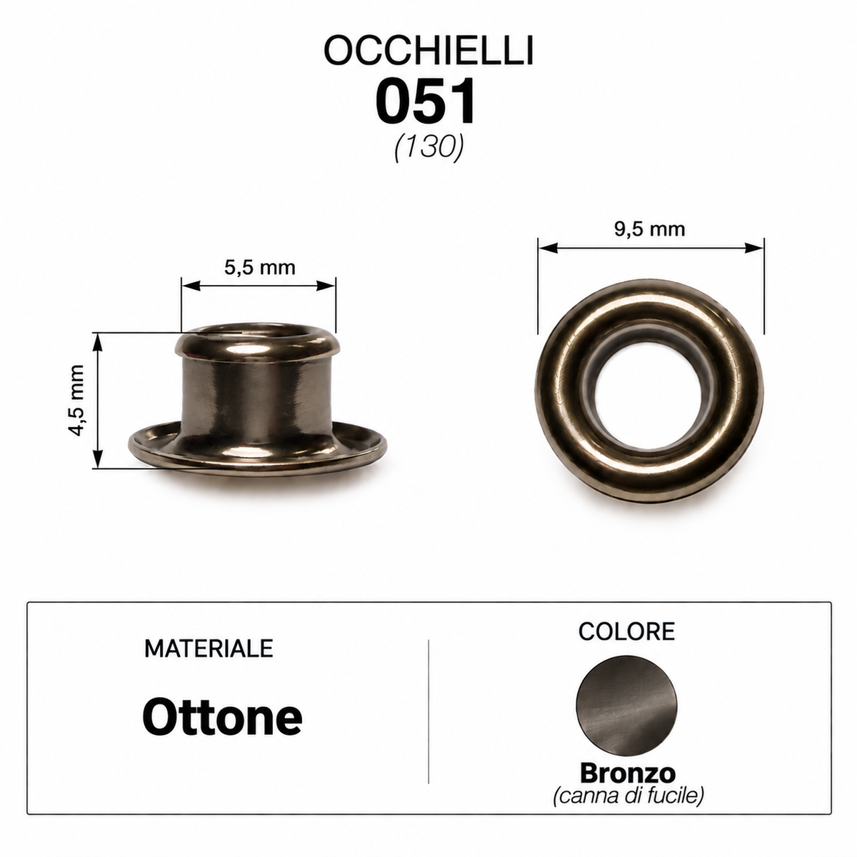 Occhielli 051 foro Ø 5,5mm Ferro/Ottone 100 pz per borse scarpe stoffa cuoio