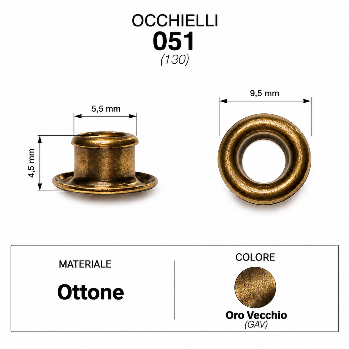 Occhielli 051 foro Ø 5,5mm Ferro/Ottone 100 pz per borse scarpe stoffa cuoio