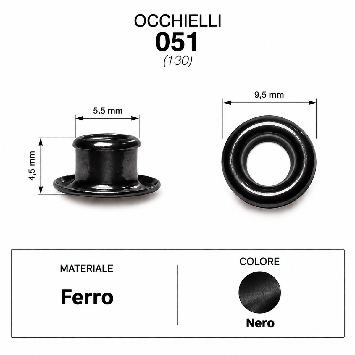 Occhielli 051 foro Ø 5,5mm Ferro/Ottone 100 pz per borse scarpe stoffa cuoio