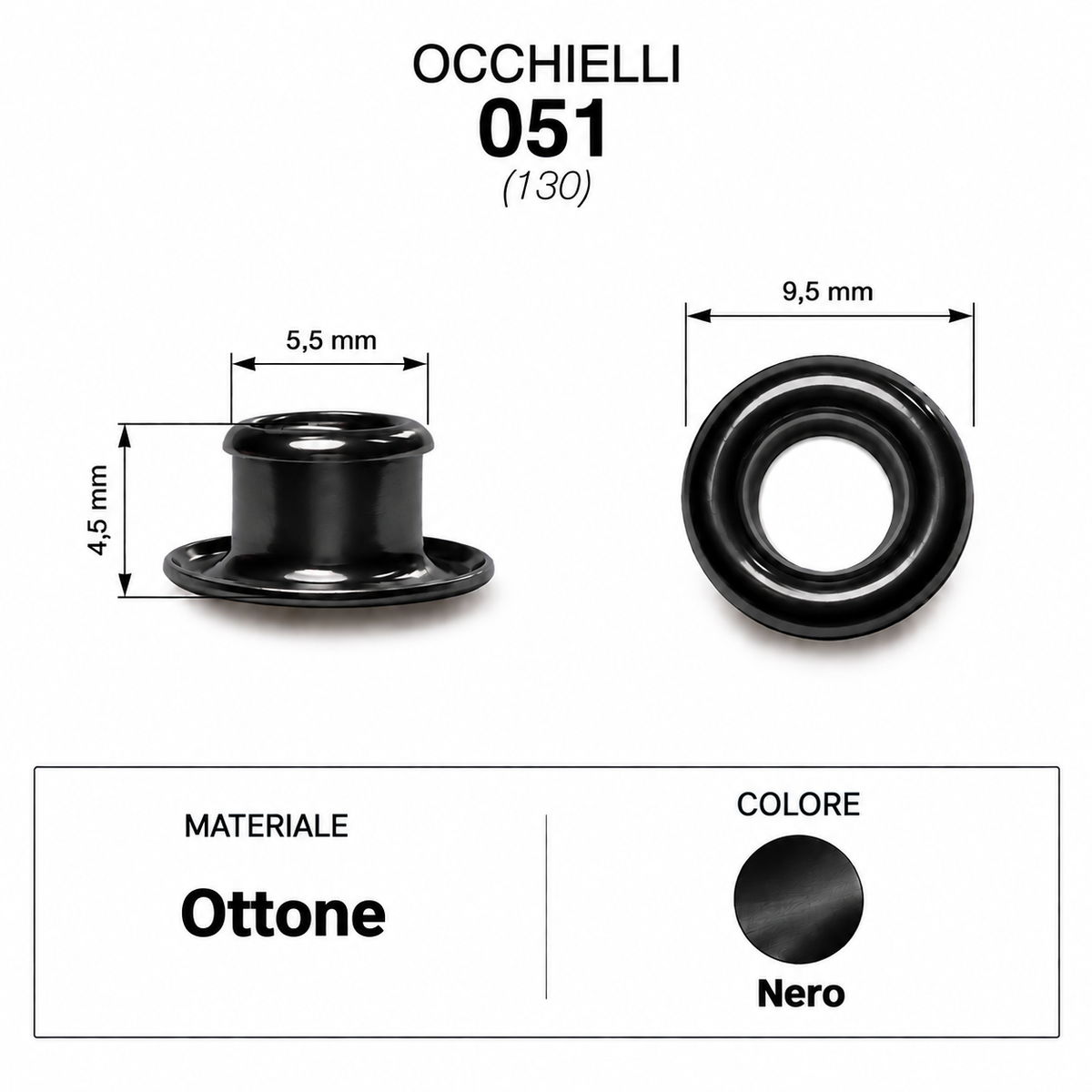 Occhielli 051 foro Ø 5,5mm Ferro/Ottone 100 pz per borse scarpe stoffa cuoio