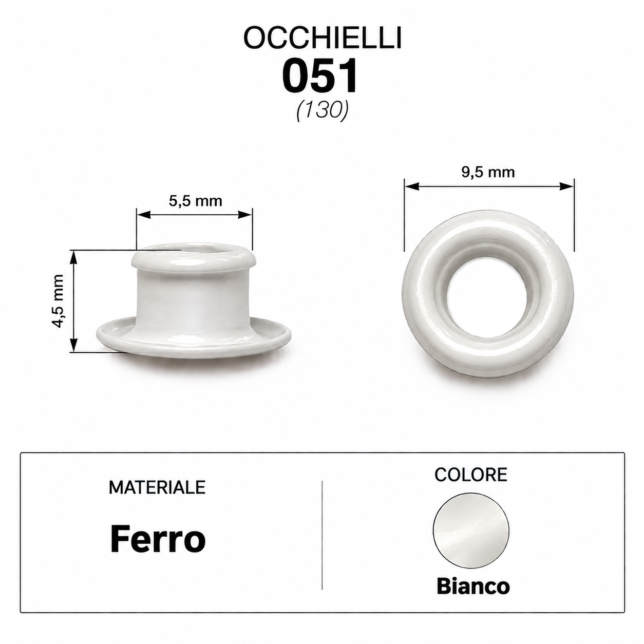 Occhielli 051 foro Ø 5,5mm Ferro/Ottone 100 pz per borse scarpe stoffa cuoio